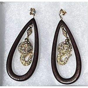 Brown wooden earrings with rhinestone snakes by Eva Jeanbart LoRenzotti